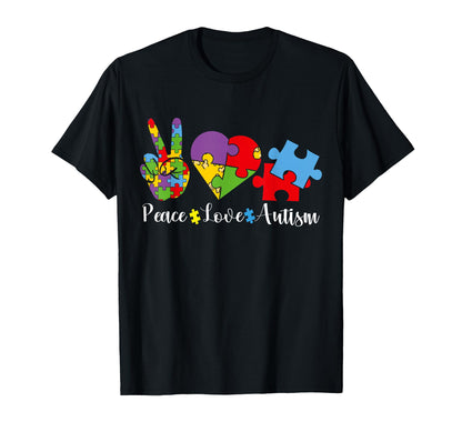 Peace Love Autism Puzzle April We Wear Blue T-Shirt - Graphic Print Unisex - T-Shirt, Sweatshirt, Hoodie
