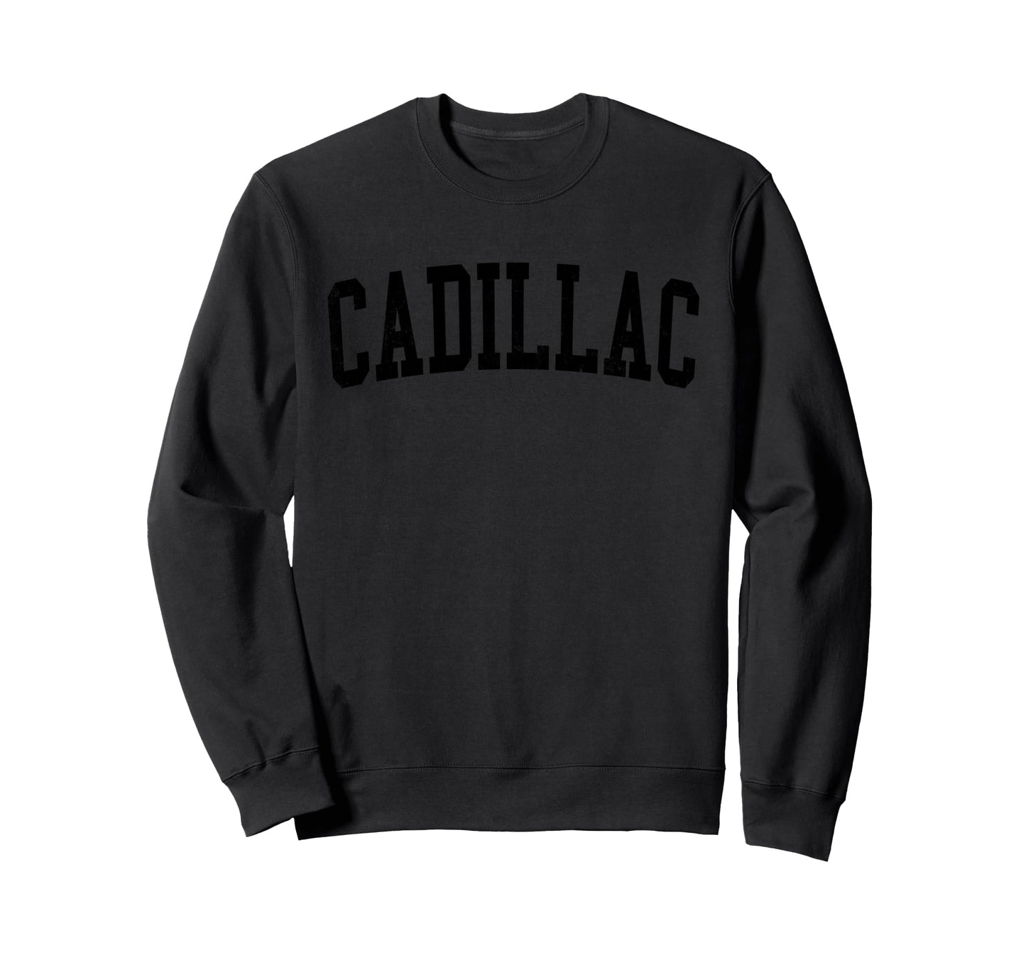 Cadillac Mi Distressed Black Varsity Sweatshirt - Novelty Apparel Men Women - T-Shirt, Sweatshirt, Hoodie