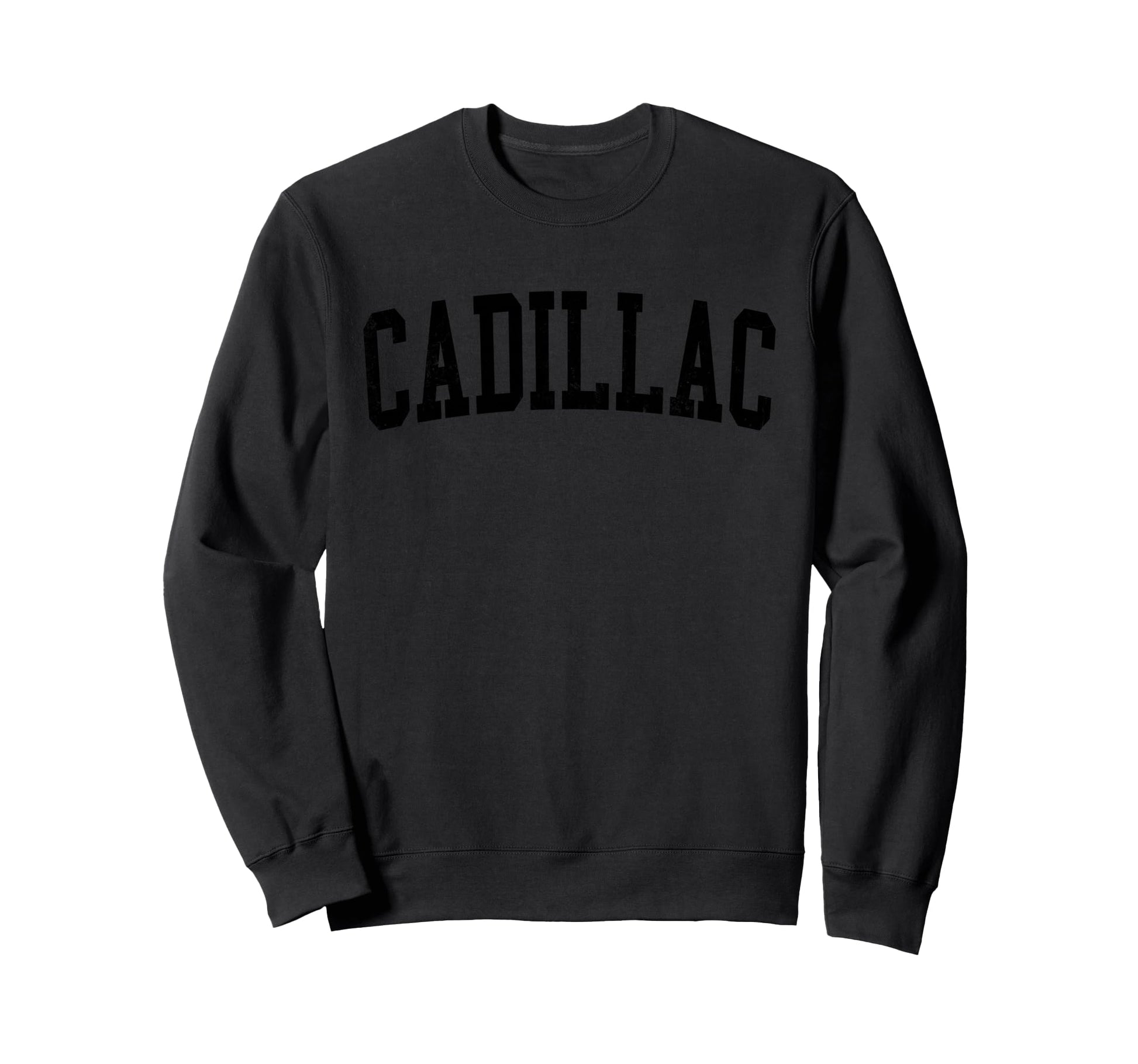 Cadillac Mi Distressed Black Varsity Sweatshirt - Novelty Apparel Men Women - T-Shirt, Sweatshirt, Hoodie