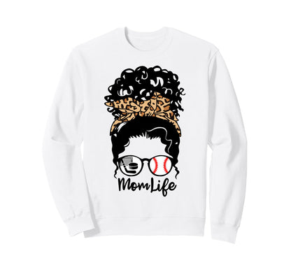 Mom Life Messy Bun Curly Hair Baseball Sweatshirt - Trendy Graphic Unisex - T-Shirt, Sweatshirt, Hoodie