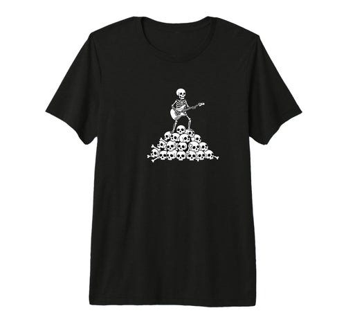 Skeleton Playing Guitar Skull Pile T-Shirt - Fun Novelty Design Men Women - T-Shirt, Sweatshirt, Hoodie
