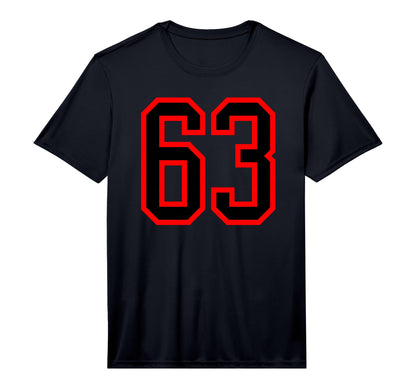 Number 63 Red Black Sports Team Number 63 T-Shirt - Novelty Apparel Unisex - T-Shirt, Sweatshirt, Hoodie