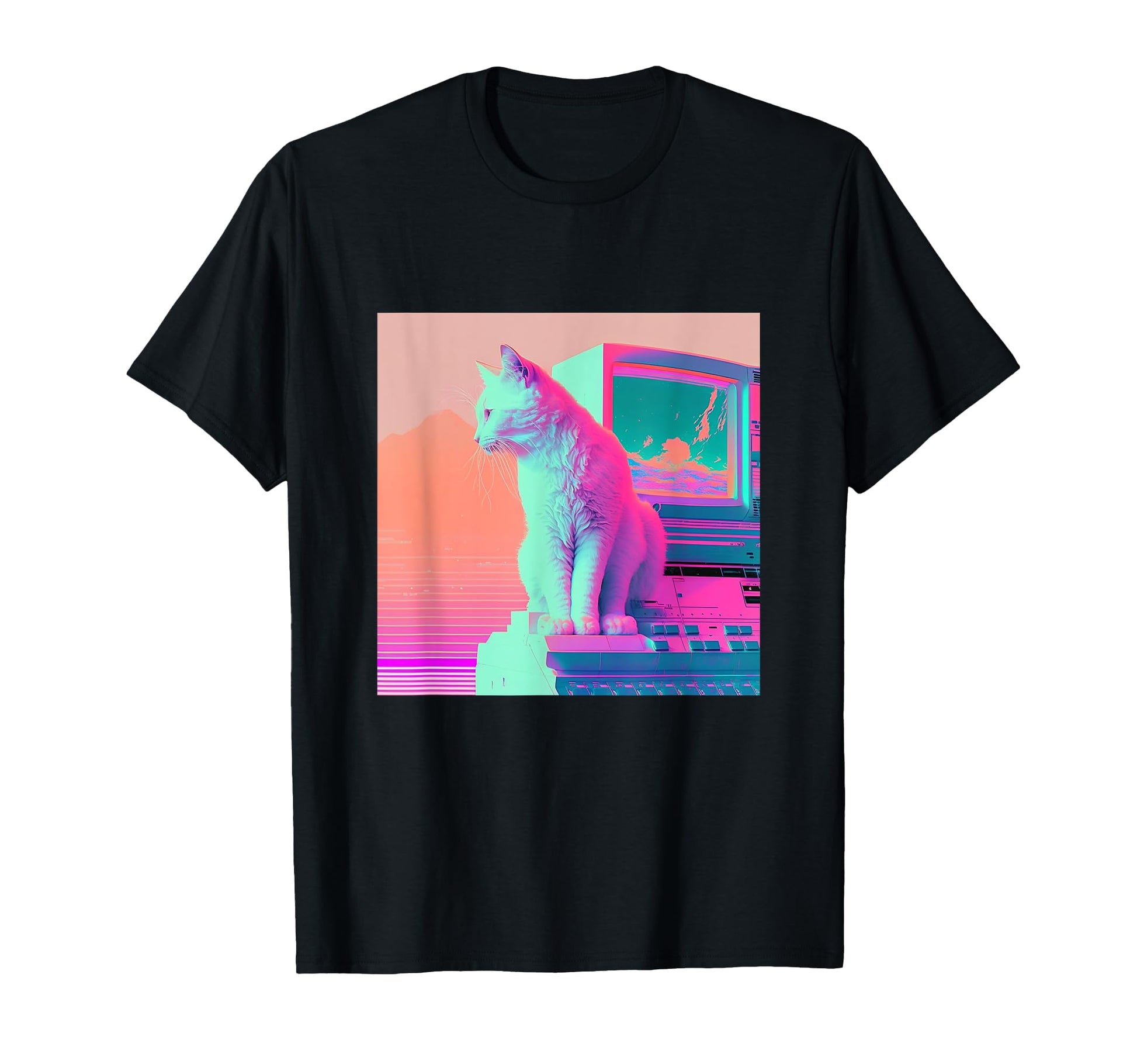 Vaperwave Aesthetic Glitch Cat T-Shirt - Minimalist Print for Adults - T-Shirt, Sweatshirt, Hoodie