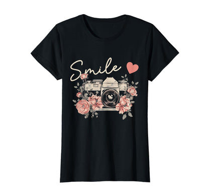 Photographer Smile Camera Flowers T-Shirt - Minimalist Print Unisex - T-Shirt, Sweatshirt, Hoodie