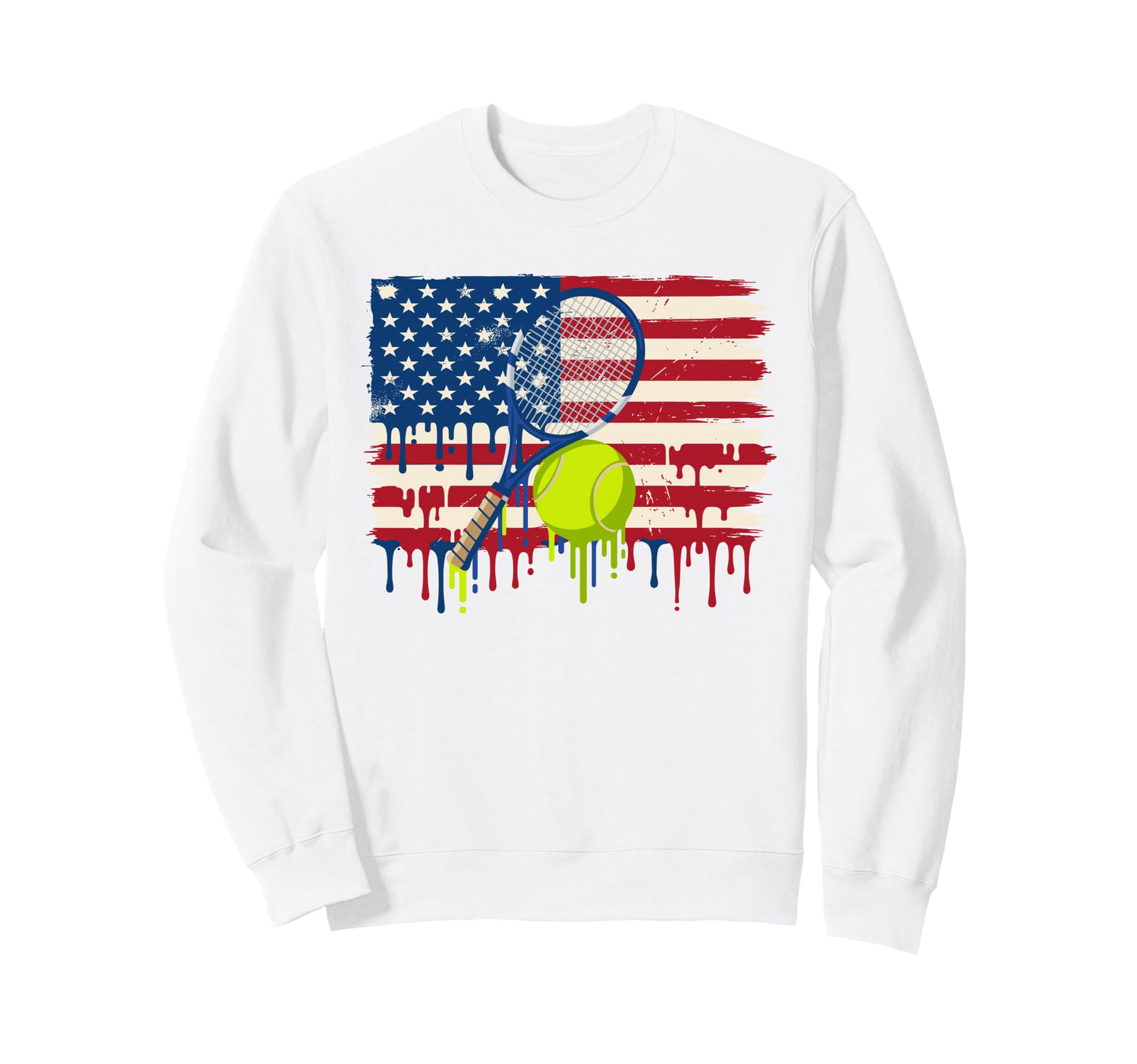 Tennis American Flag Dripping Sweatshirt - Fun Novelty Design for Adults - T-Shirt, Sweatshirt, Hoodie