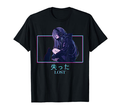 Lost Anime Cat Kanji Japanese Aesthetic T-Shirt - Streetwear Style Unisex - T-Shirt, Sweatshirt, Hoodie