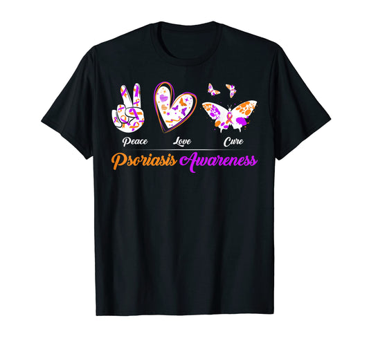 Peace Love Cure Ribbon Support Psoriasis T-Shirt - Unique Graphic Unisex - T-Shirt, Sweatshirt, Hoodie