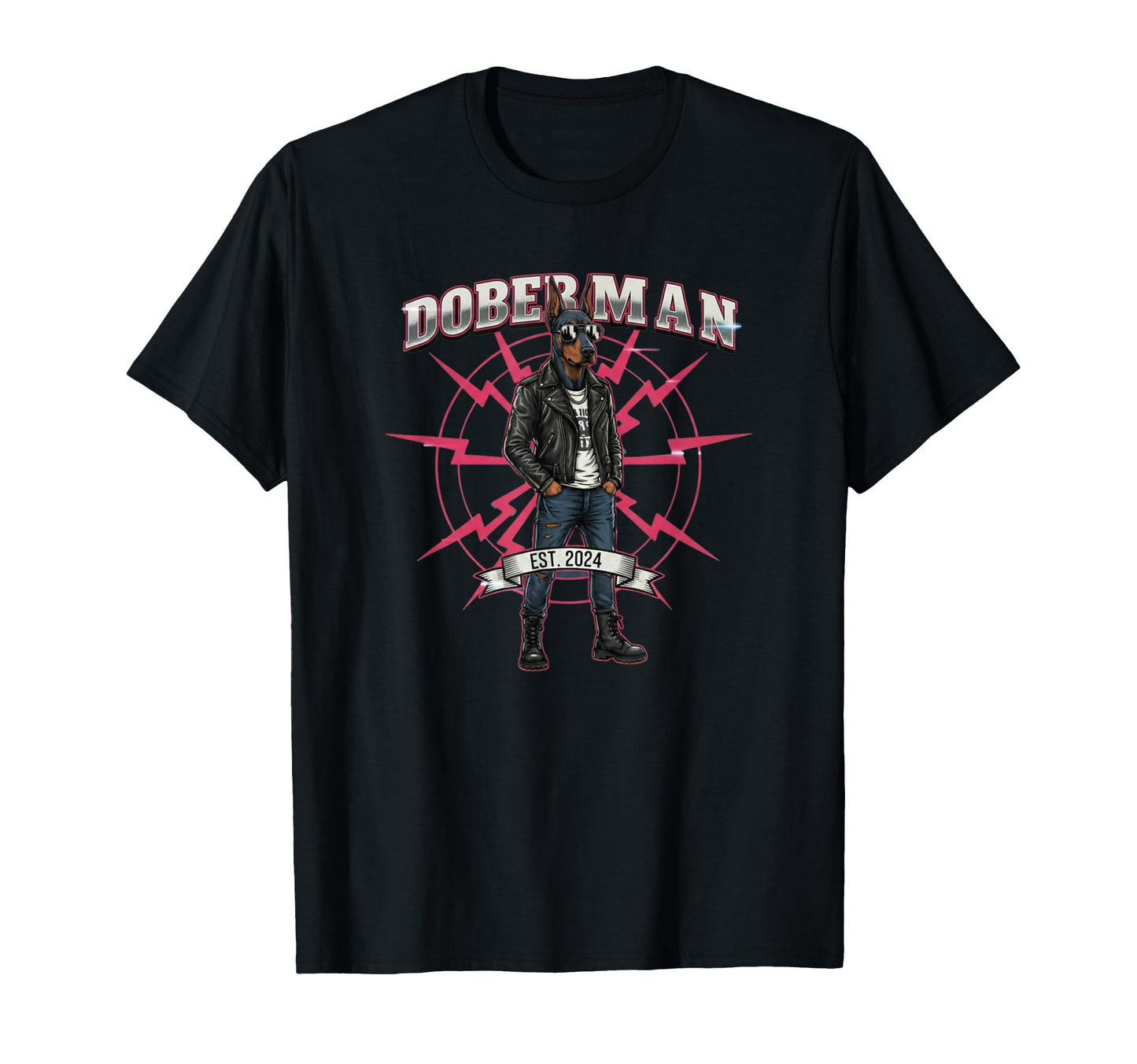 Doberman Dog Rocker Sunglasses Est 2024 T-Shirt - Graphic Print for Adults - T-Shirt, Sweatshirt, Hoodie