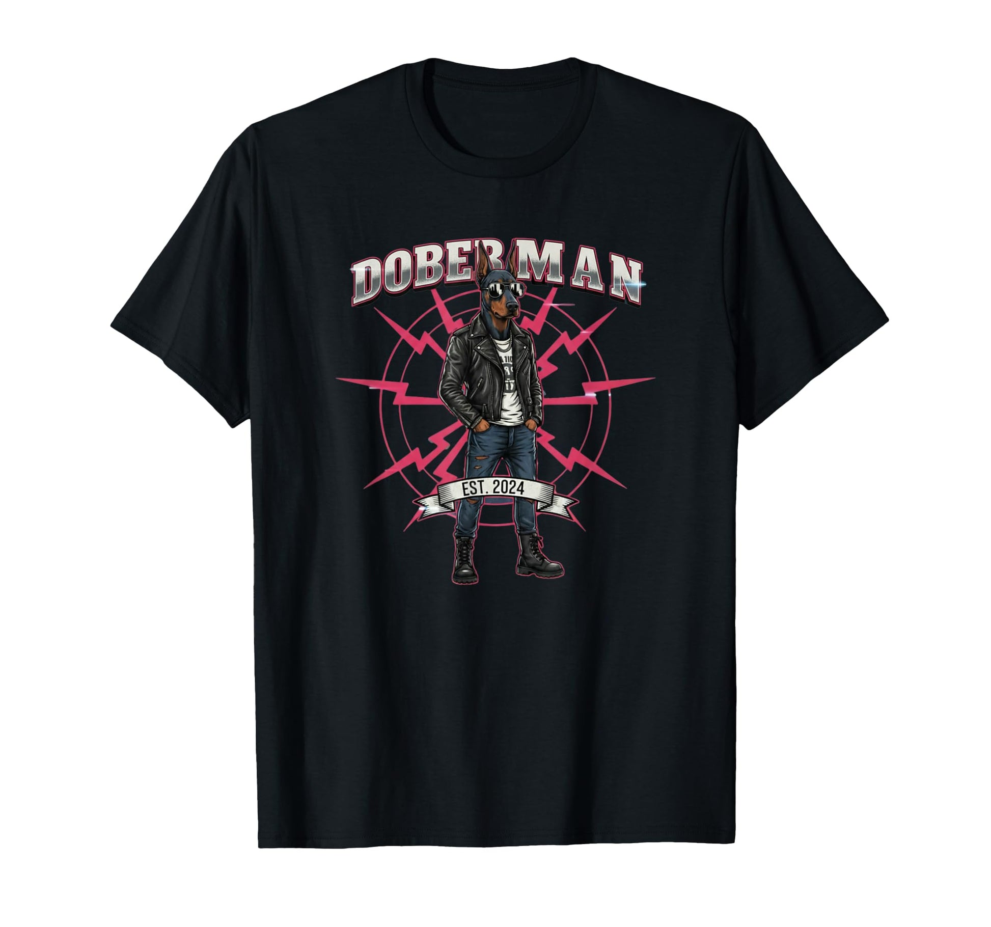 Doberman Dog Rocker Sunglasses Est 2024 T-Shirt - Graphic Print for Adults - T-Shirt, Sweatshirt, Hoodie