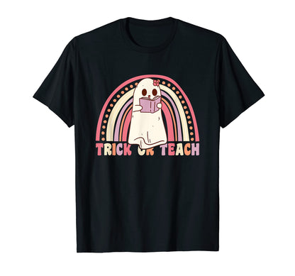 Trick Or Teach Groovy Ghost Rainbow T-Shirt - Novelty Apparel Men Women - T-Shirt, Sweatshirt, Hoodie