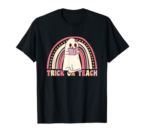 Trick Or Teach Groovy Ghost Rainbow T-Shirt - Novelty Apparel Men Women - T-Shirt, Sweatshirt, Hoodie