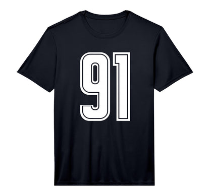 Number 91 White Sports Team Varsity T-Shirt - Novelty Apparel for Adults - T-Shirt, Sweatshirt, Hoodie