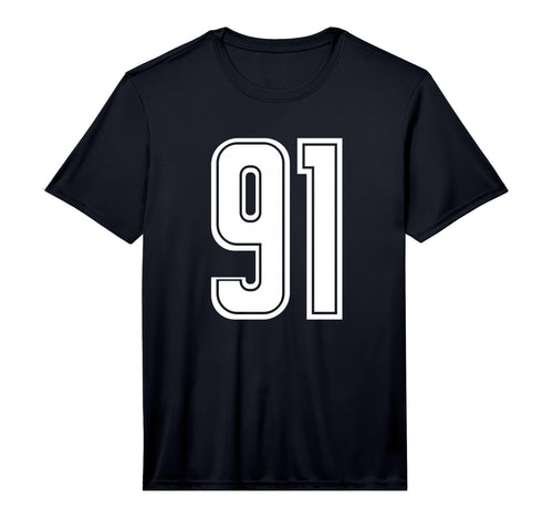 Number 91 White Sports Team Varsity T-Shirt - Novelty Apparel for Adults - T-Shirt, Sweatshirt, Hoodie