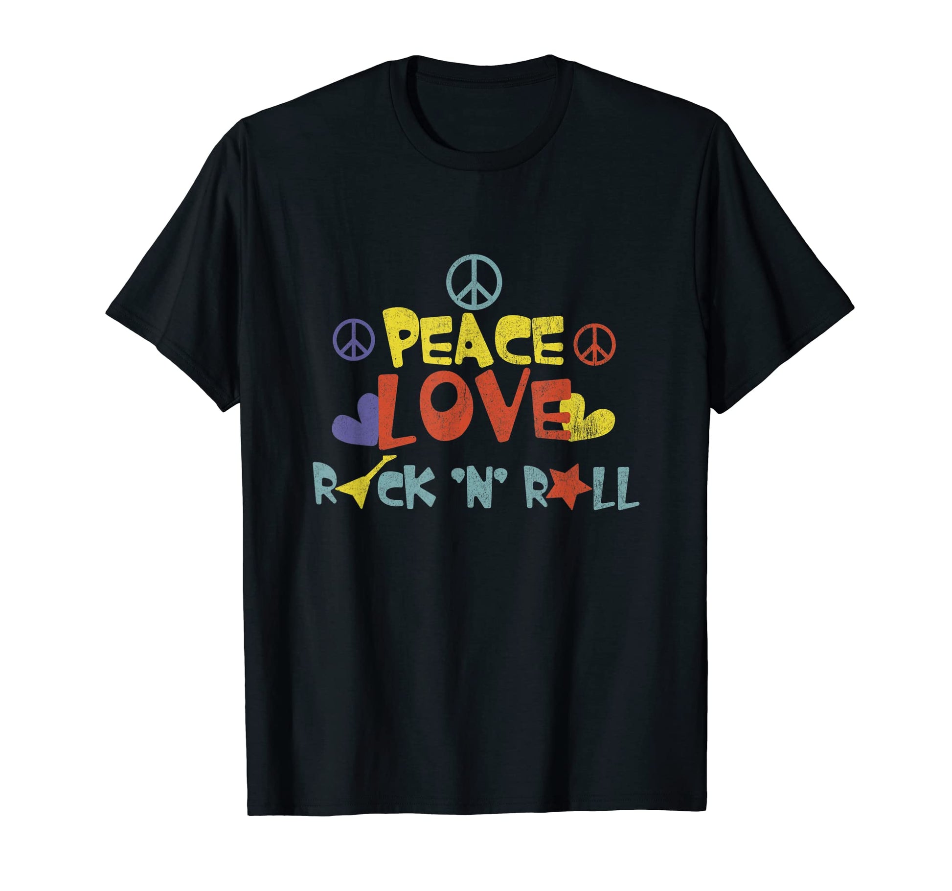 Peace Love Rock And Roll Distressed T-Shirt - Novelty Apparel for Adults - T-Shirt, Sweatshirt, Hoodie