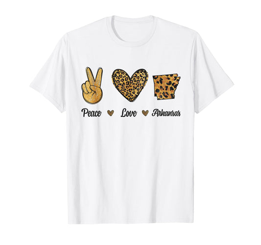 Peace Love Arkansas Leopard Flag Map T-Shirt - Graphic Print Men Women - T-Shirt, Sweatshirt, Hoodie