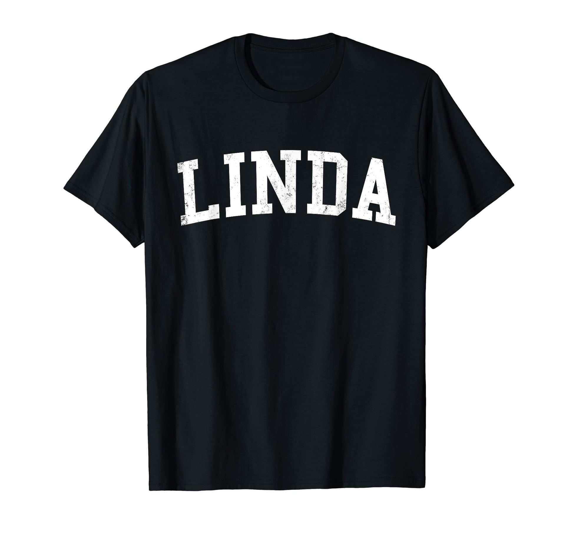 Linda Ca Distressed White Varsity T-Shirt - Minimalist Print for Adults - T-Shirt, Sweatshirt, Hoodie