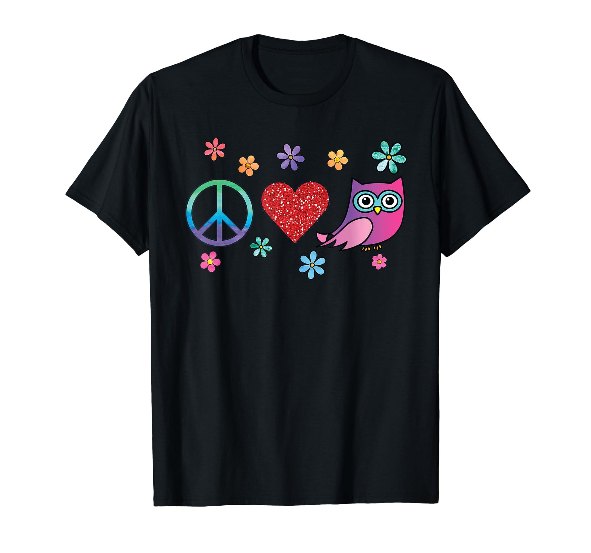 Owl Peace Love Hippie Rainbow Boho Bird T-Shirt - Novelty Apparel Unisex - T-Shirt, Sweatshirt, Hoodie