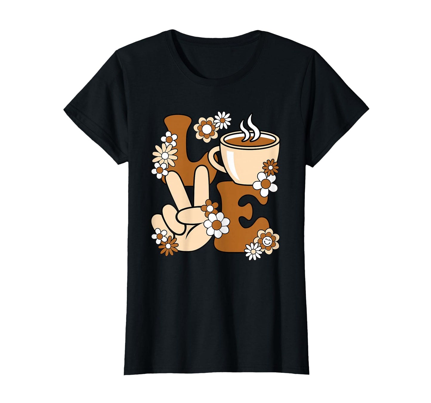 Peace Love Coffee Coffee Cup Groovy Coffee T-Shirt - Trendy Graphic Unisex - T-Shirt, Sweatshirt, Hoodie