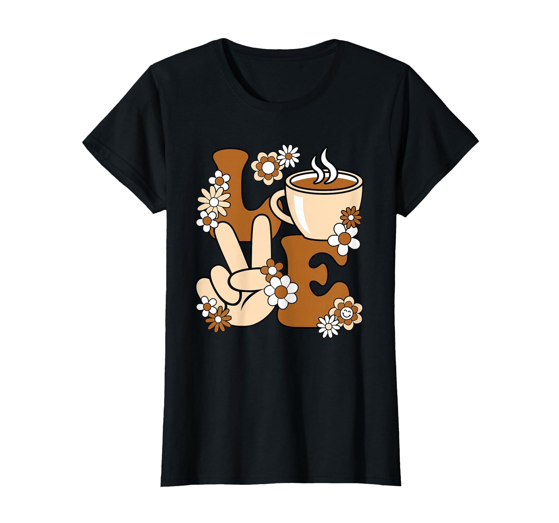 Peace Love Coffee Coffee Cup Groovy Coffee T-Shirt - Trendy Graphic Unisex - T-Shirt, Sweatshirt, Hoodie