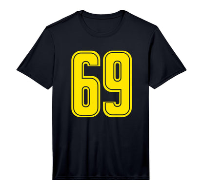 Number 69 Yellow Sports Team Varsity T-Shirt - Trendy Graphic Unisex - T-Shirt, Sweatshirt, Hoodie