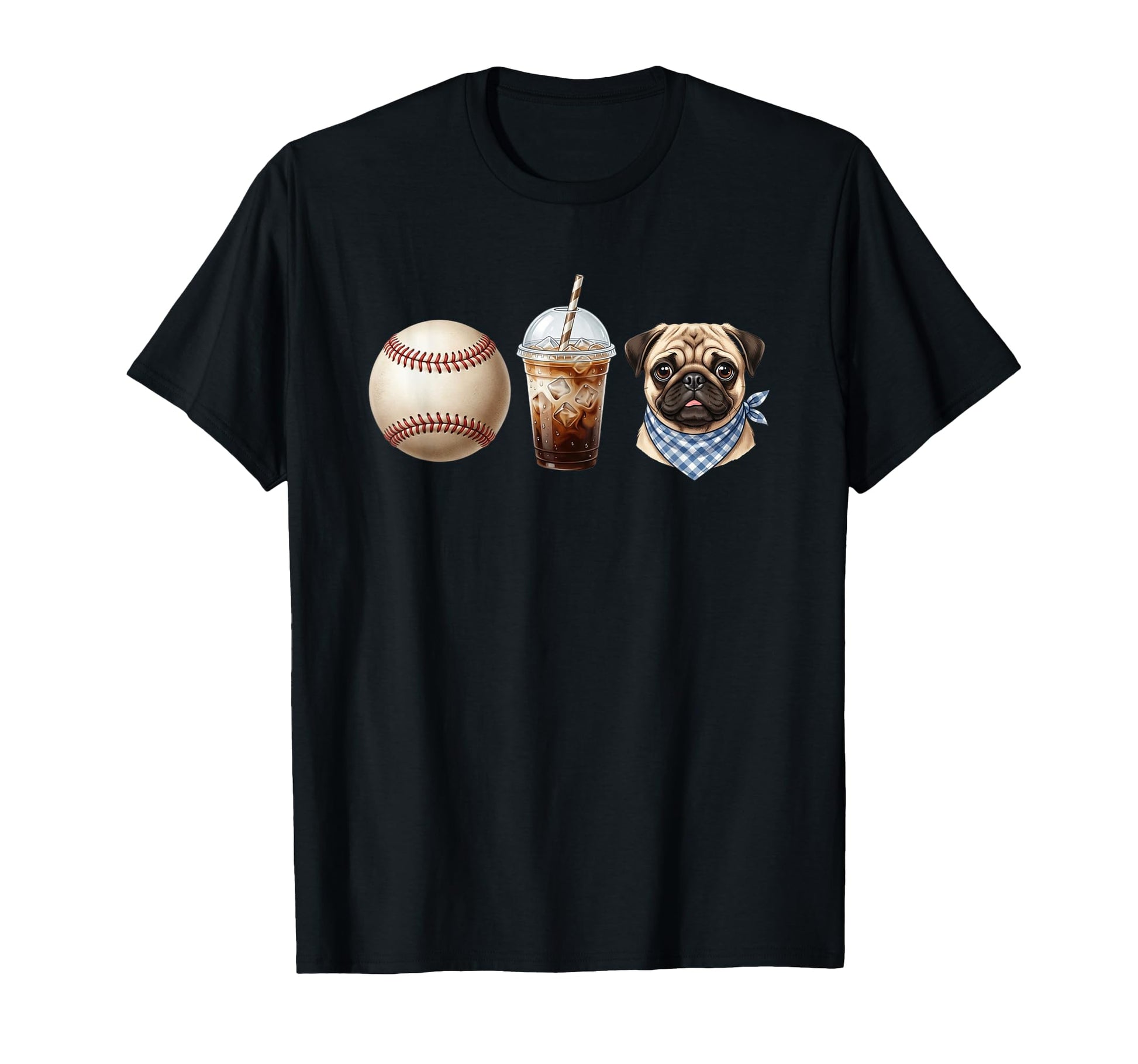 Baseball Iced Coffee Pug Mom T-Shirt - Fun Novelty Design Men Women - T-Shirt, Sweatshirt, Hoodie