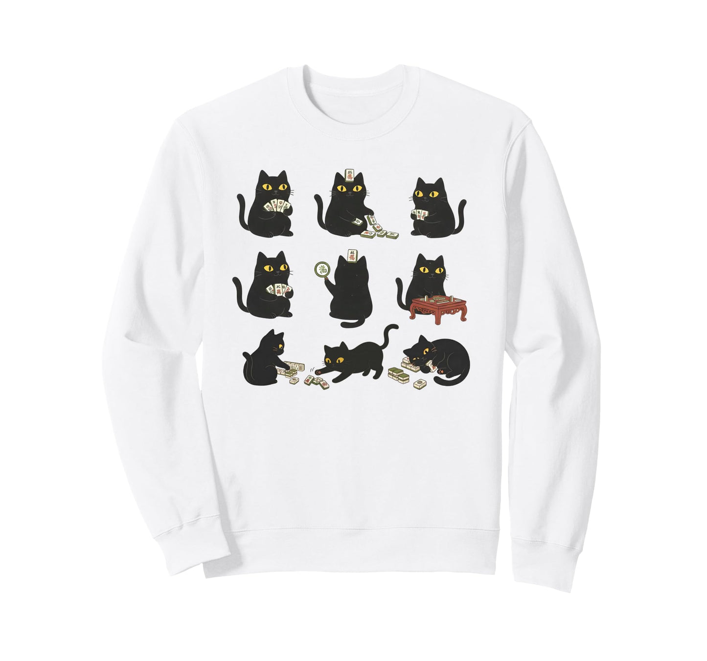Black Cat Playing Mahjong Chinese Sweatshirt - Minimalist Print Men Women - T-Shirt, Sweatshirt, Hoodie
