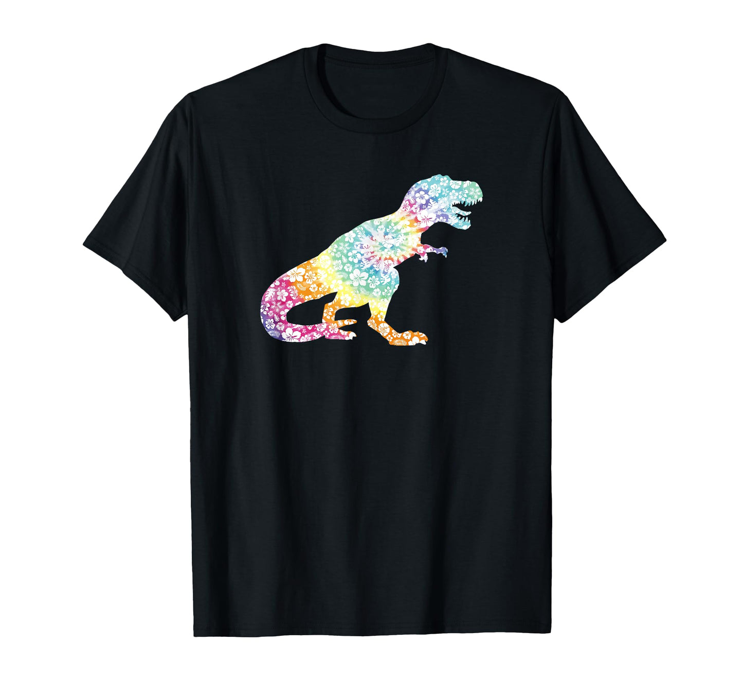 T Rex Dinosaur Hawaiian Floral Rainbow Tie T-Shirt - Graphic Print Unisex - T-Shirt, Sweatshirt, Hoodie