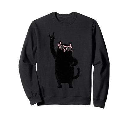 Cat Rock Black Cat Sunglasses Sweatshirt - Streetwear Style Men Women - T-Shirt, Sweatshirt, Hoodie