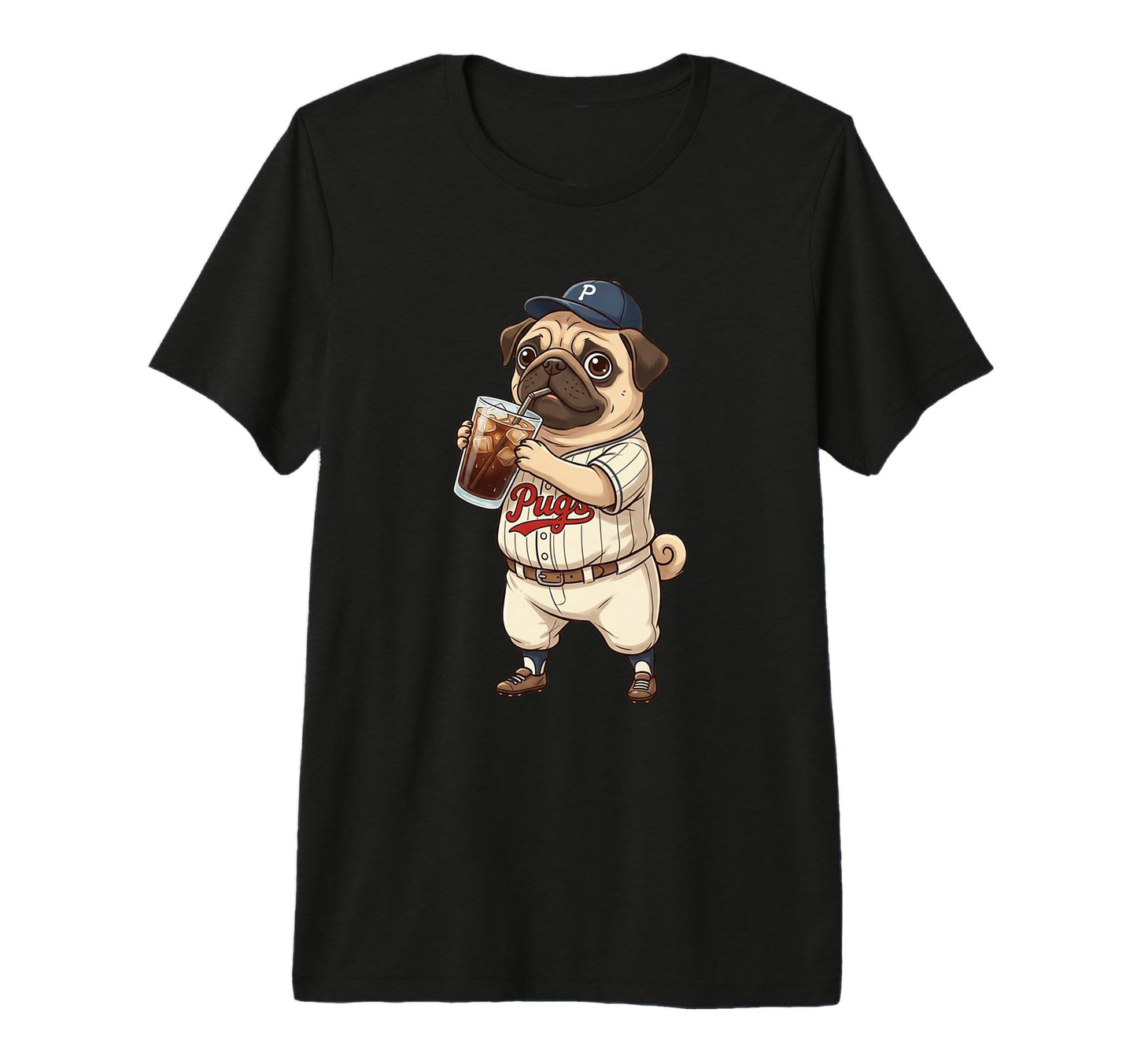 Pug Baseball Player Iced Coffee Funny T-Shirt - Custom Art Print Men Women - T-Shirt, Sweatshirt, Hoodie