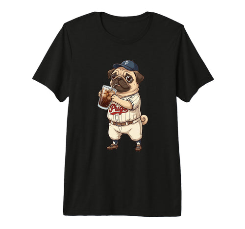 Pug Baseball Player Iced Coffee Funny T-Shirt - Custom Art Print Men Women - T-Shirt, Sweatshirt, Hoodie