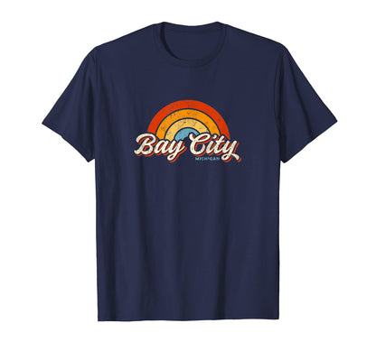 Bay City Michigan Mi Rainbow 70S T-Shirt - Minimalist Print Men Women - T-Shirt, Sweatshirt, Hoodie