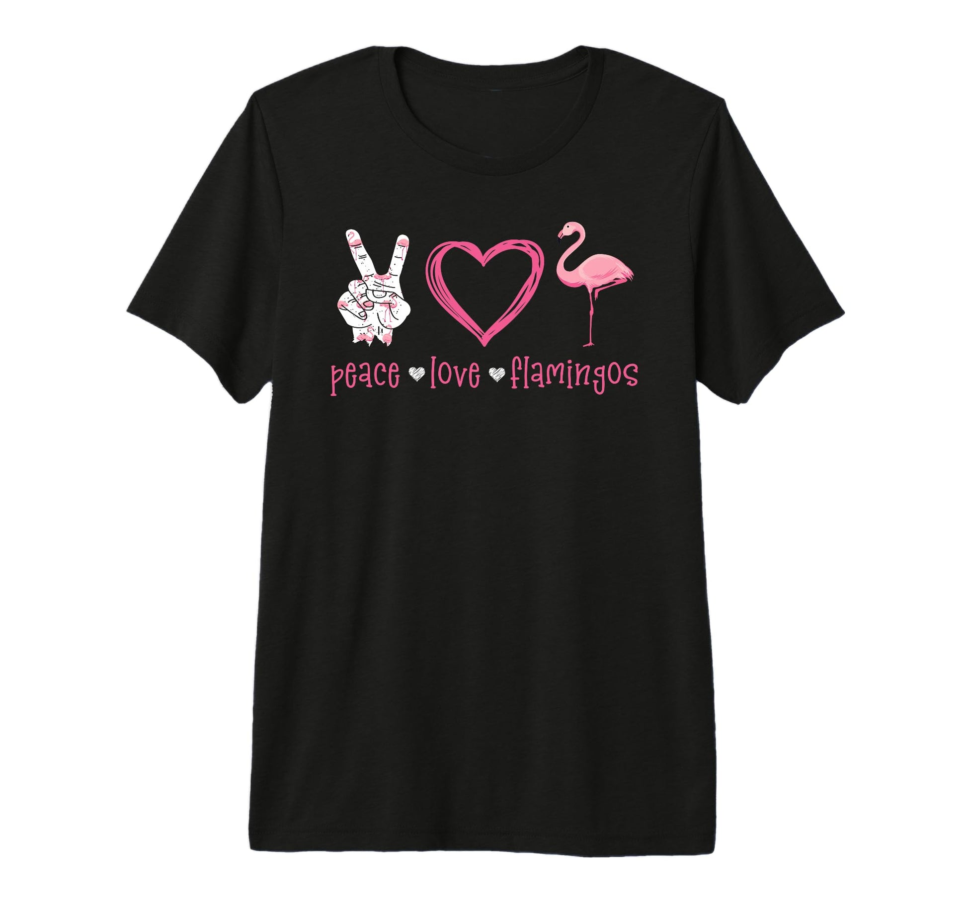 Peace Love Flamingo Hand Sign Heart T-Shirt - Casual Everyday Wear Unisex - T-Shirt, Sweatshirt, Hoodie