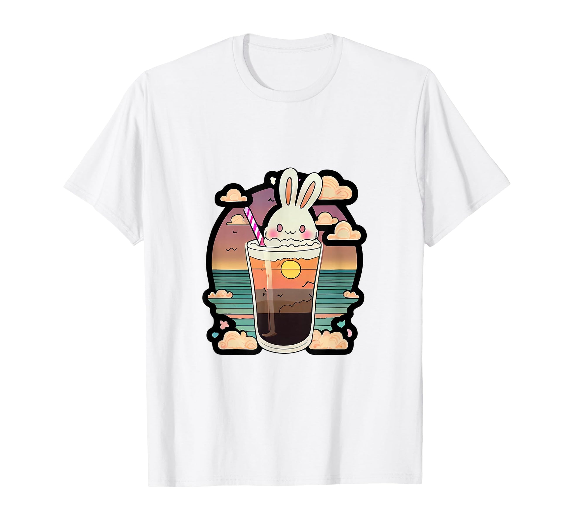 Kawaii Bunny Sunset Drink Aesthetic T-Shirt - Novelty Apparel Unisex - T-Shirt, Sweatshirt, Hoodie