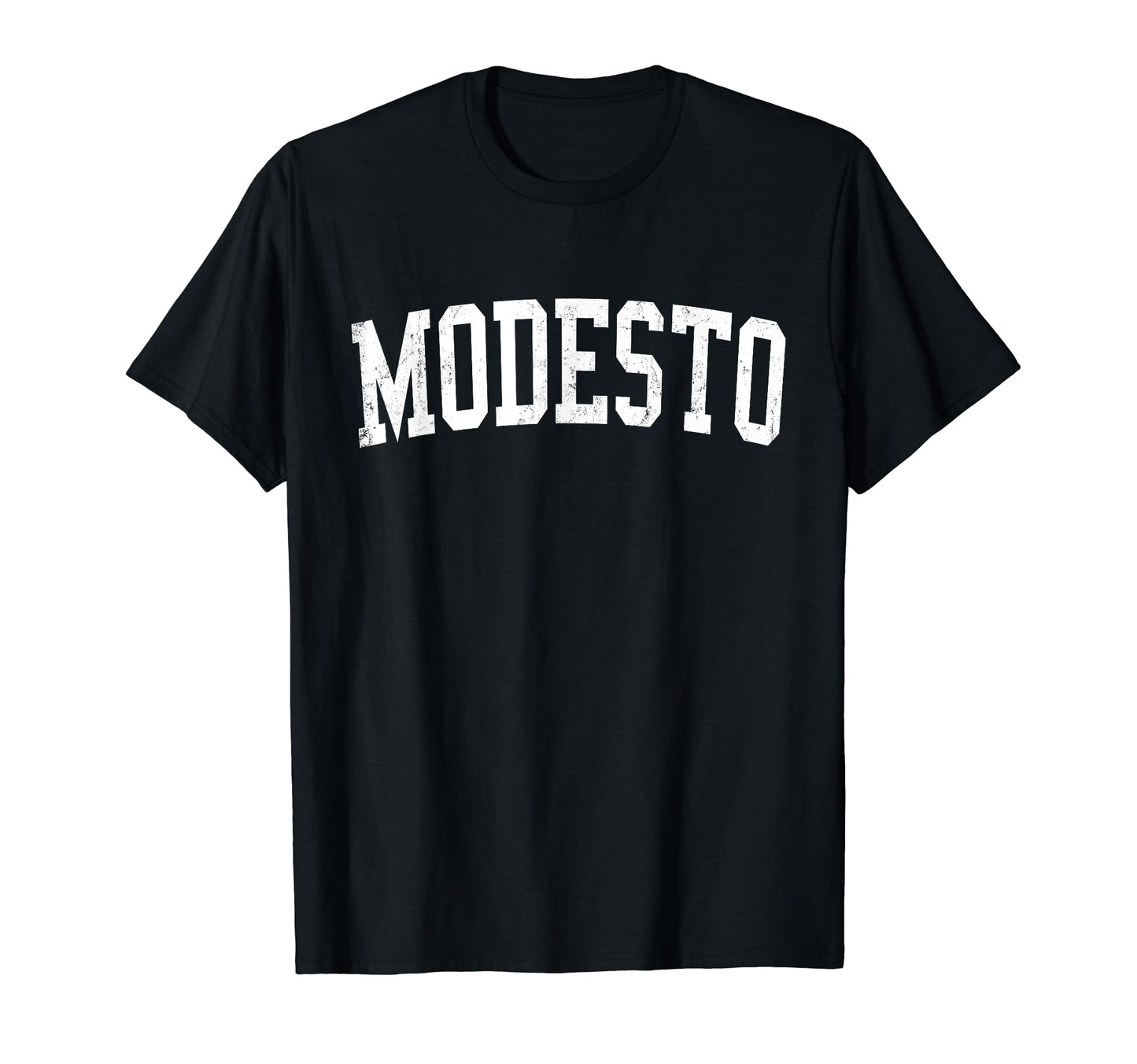 Modesto Ca Distressed White Varsity T-Shirt - Minimalist Print Unisex - T-Shirt, Sweatshirt, Hoodie