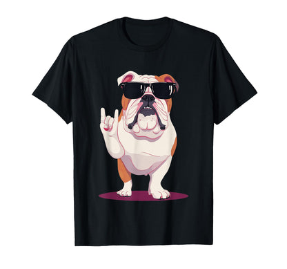 English Bulldog Rock Hand Sign Punk Dog T-Shirt - Custom Art Print Unisex - T-Shirt, Sweatshirt, Hoodie