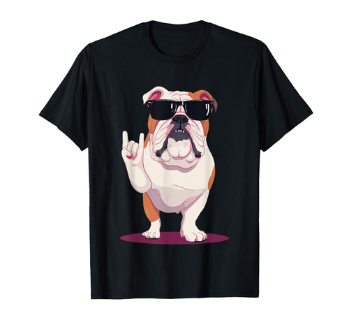 English Bulldog Rock Hand Sign Punk Dog T-Shirt - Custom Art Print Unisex - T-Shirt, Sweatshirt, Hoodie