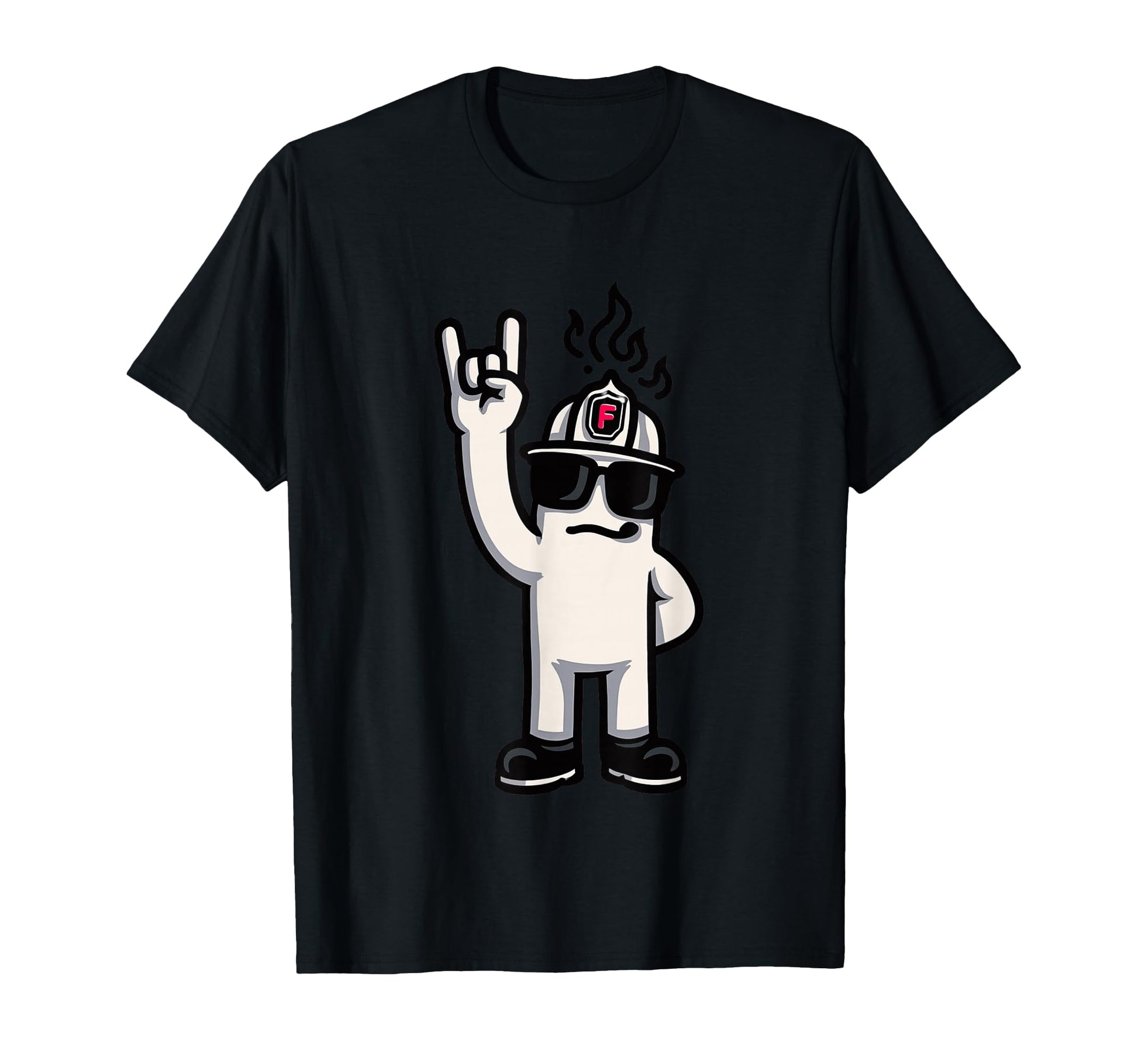 Firefighter Mascot Rock Hand Sign T-Shirt - Novelty Apparel Men Women - T-Shirt, Sweatshirt, Hoodie