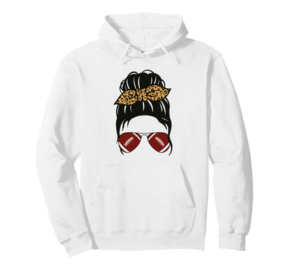 Messy Bun Football Mom Leopard Game Day Hoodie - Streetwear Style Unisex - T-Shirt, Sweatshirt, Hoodie