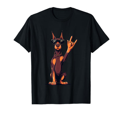 Doberman Pinscher Rock Hand Sign Punk T-Shirt - Fun Novelty Design Unisex - T-Shirt, Sweatshirt, Hoodie