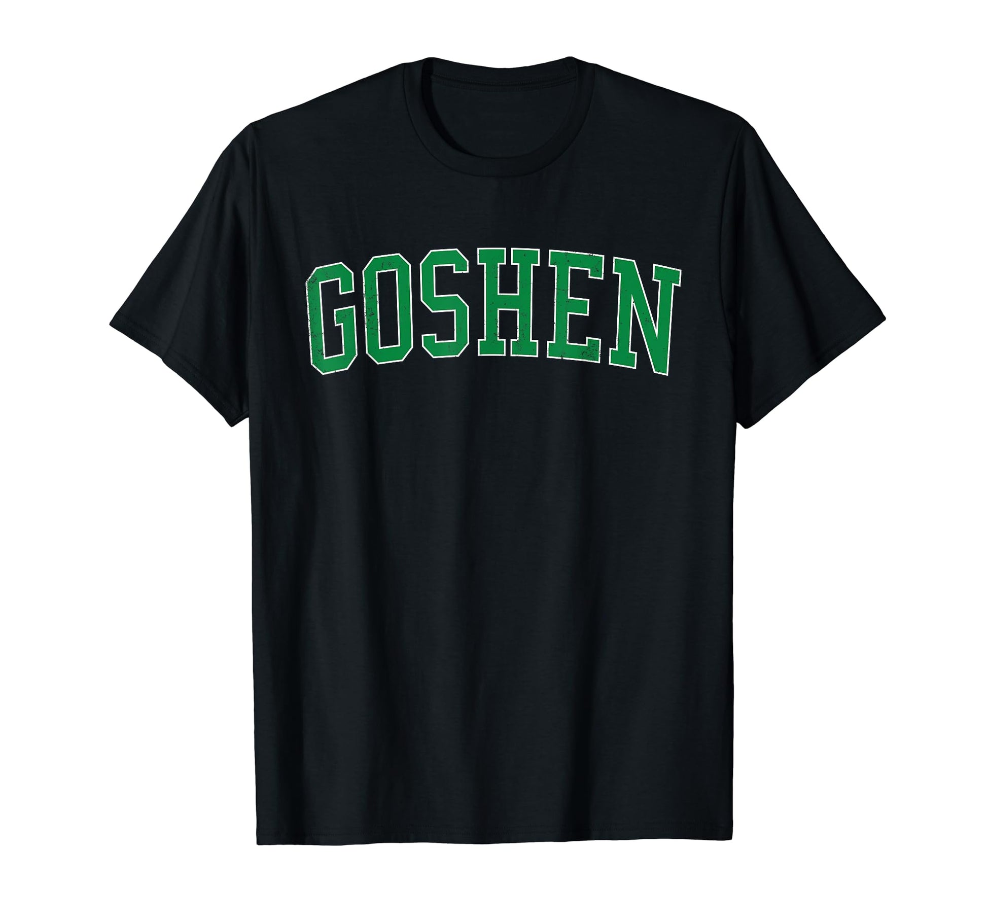 Goshen Distressed Green Varsity T-Shirt - Trendy Graphic for Adults - T-Shirt, Sweatshirt, Hoodie
