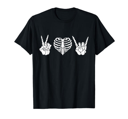 Peace Love Rock Roll Skeleton Hand T-Shirt - Fun Novelty Design Men Women - T-Shirt, Sweatshirt, Hoodie