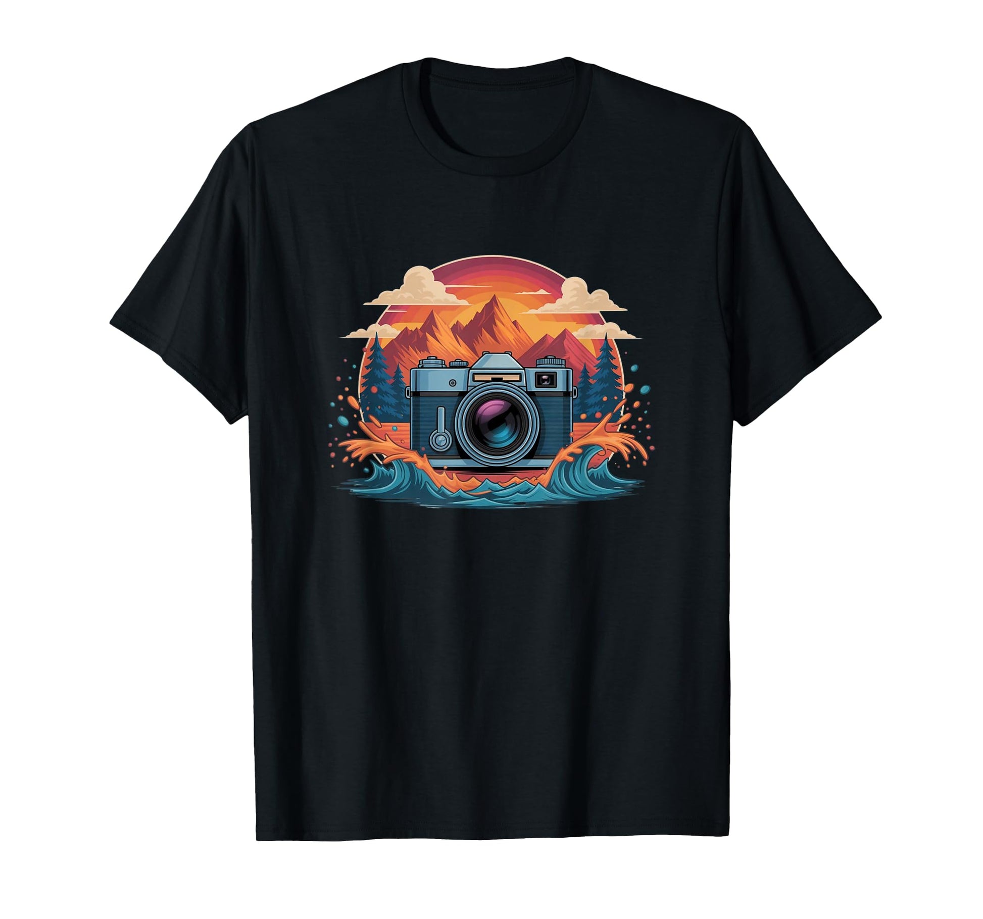 Camera Mountain Sunset Waves T-Shirt - Streetwear Style for Adults - T-Shirt, Sweatshirt, Hoodie