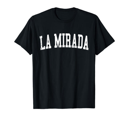 La Mirada Ca Distressed White Varsity T-Shirt - Custom Art Print for Adults - T-Shirt, Sweatshirt, Hoodie