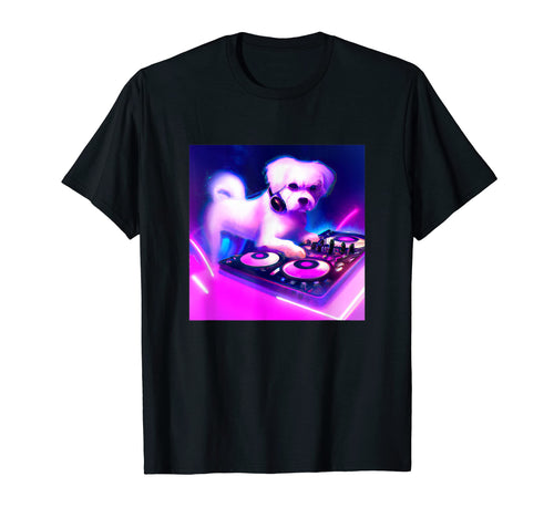 Maltese Vaporwave Dj Dog Aesthetic T-Shirt - Novelty Apparel for Adults - T-Shirt, Sweatshirt, Hoodie