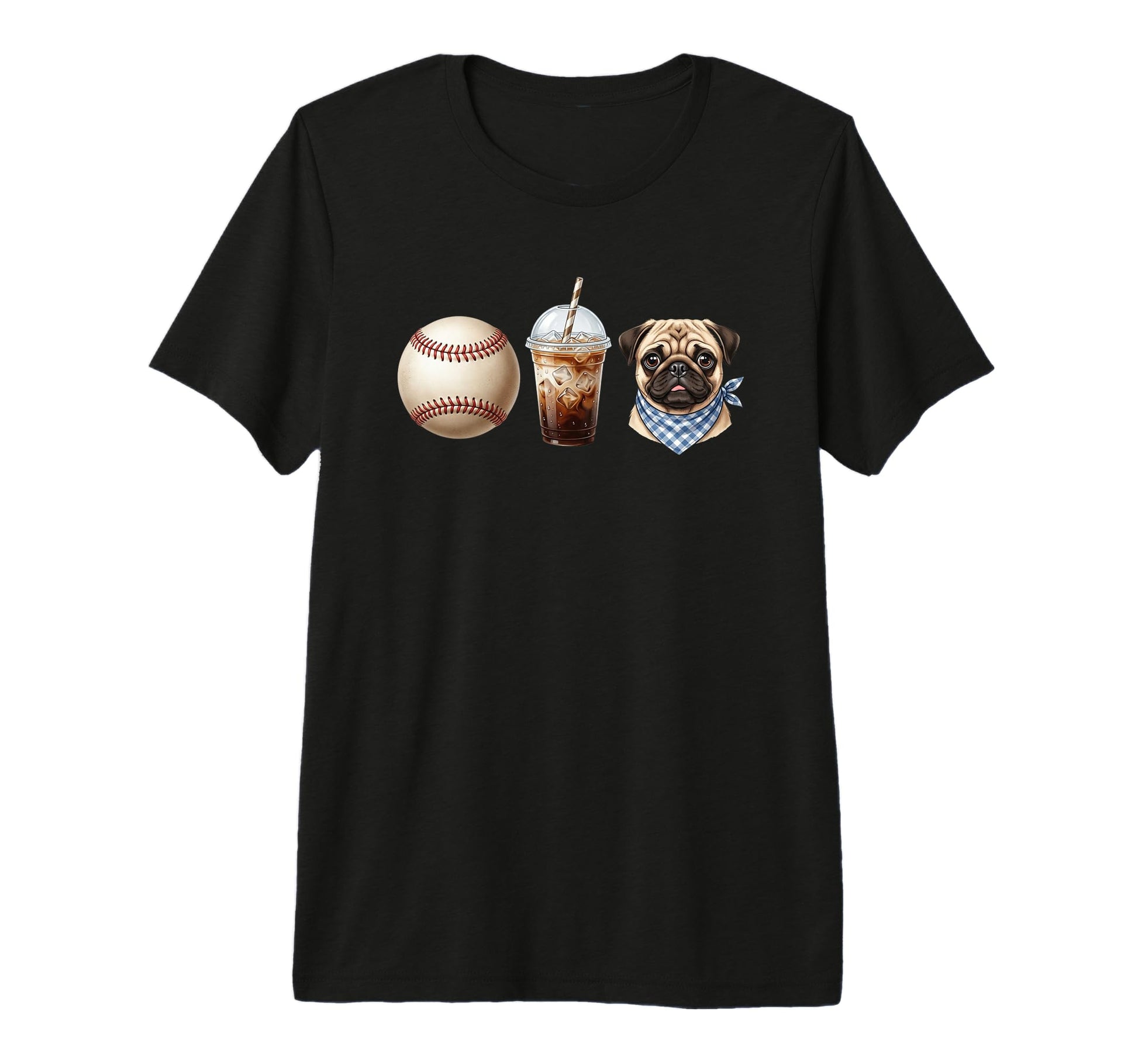 Baseball Iced Coffee Pug Mom Ballpark T-Shirt - Custom Art Print Unisex - T-Shirt, Sweatshirt, Hoodie