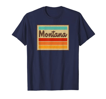 Montana Script Font 70S Stripes Badge T-Shirt - Novelty Apparel for Adults - T-Shirt, Sweatshirt, Hoodie