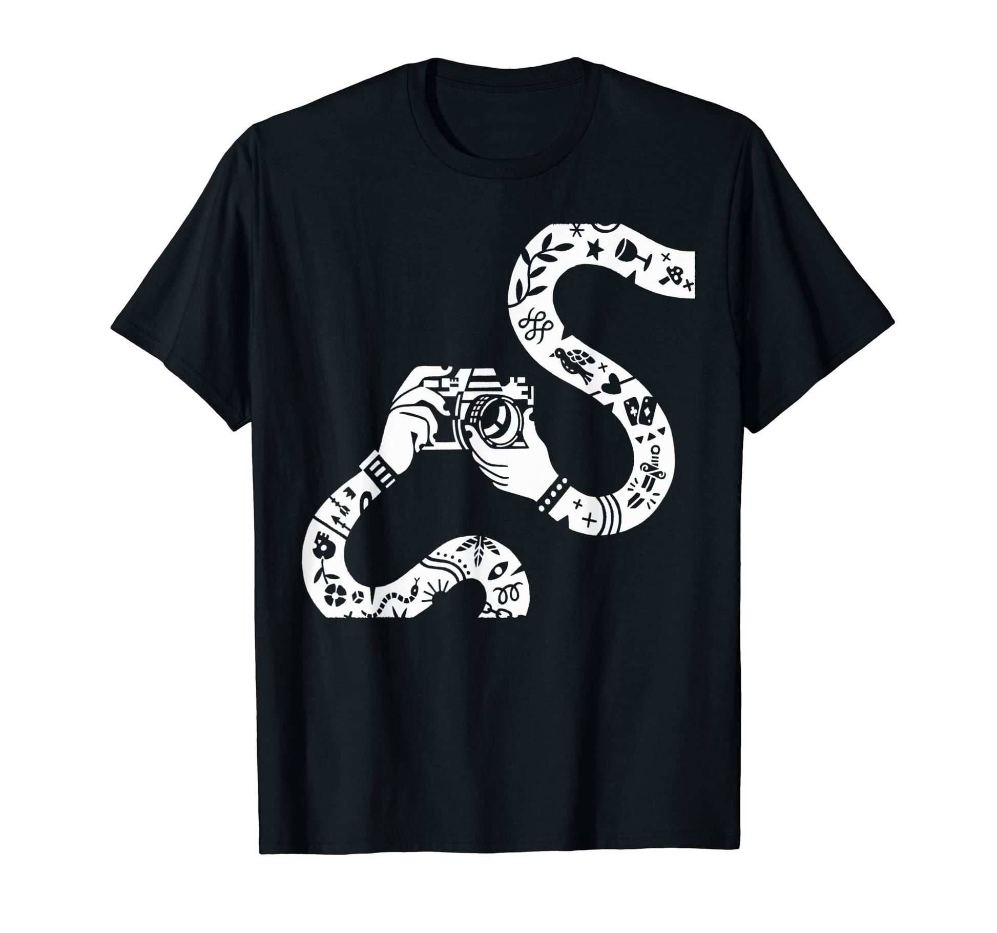 Tattooed Arms Holding Camera T-Shirt - Fun Novelty Design Unisex - T-Shirt, Sweatshirt, Hoodie