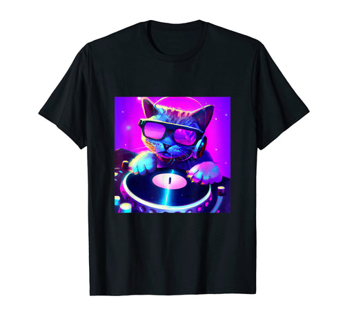 Cat Dj Vaporwave Aesthetic Animal T-Shirt - Fun Novelty Design for Adults - T-Shirt, Sweatshirt, Hoodie