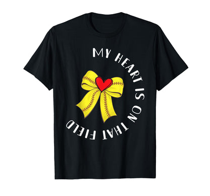 Softball Mom Coquette Bow My Heart Is T-Shirt - Trendy Graphic Men Women - T-Shirt, Sweatshirt, Hoodie