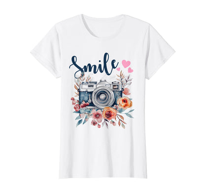 Photographer Smile Camera Flowers T-Shirt - Minimalist Print Men Women - T-Shirt, Sweatshirt, Hoodie